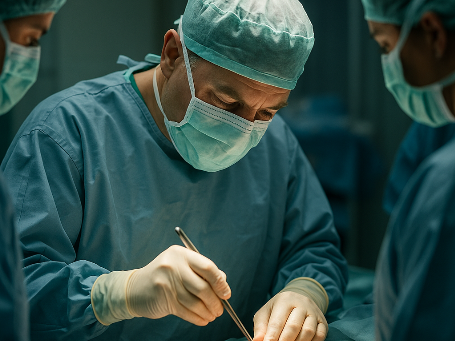Chirurgo durante un intervento di protesi dell'anca